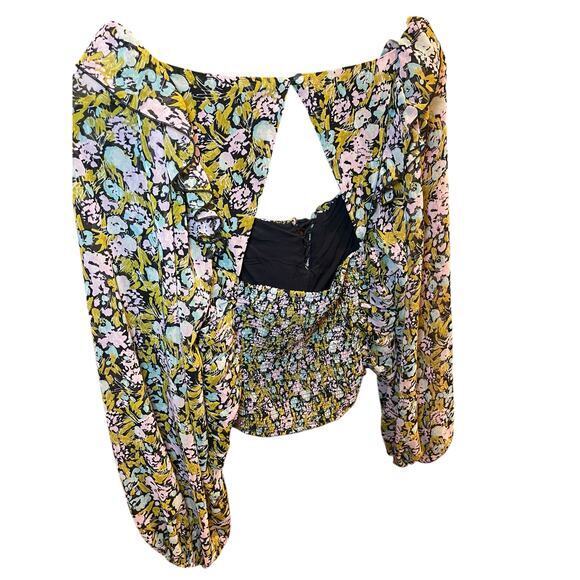 Free People Medium Mabel Balloon Sleeve Ruched Cropped Top Peasant Blouse Floral - Picture 12 of 15